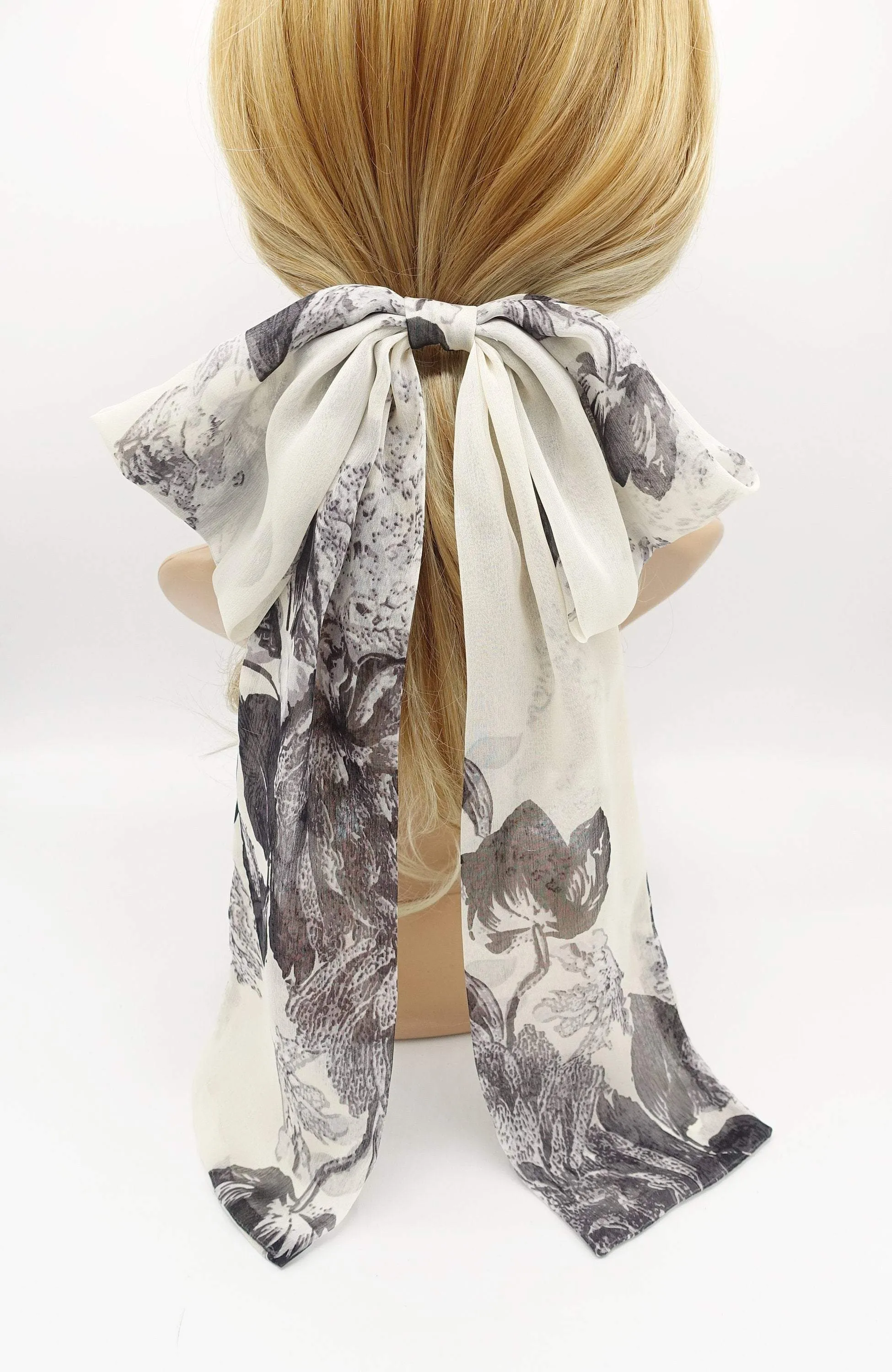 chiffon large hair bow flower leaves print hair accessory for women