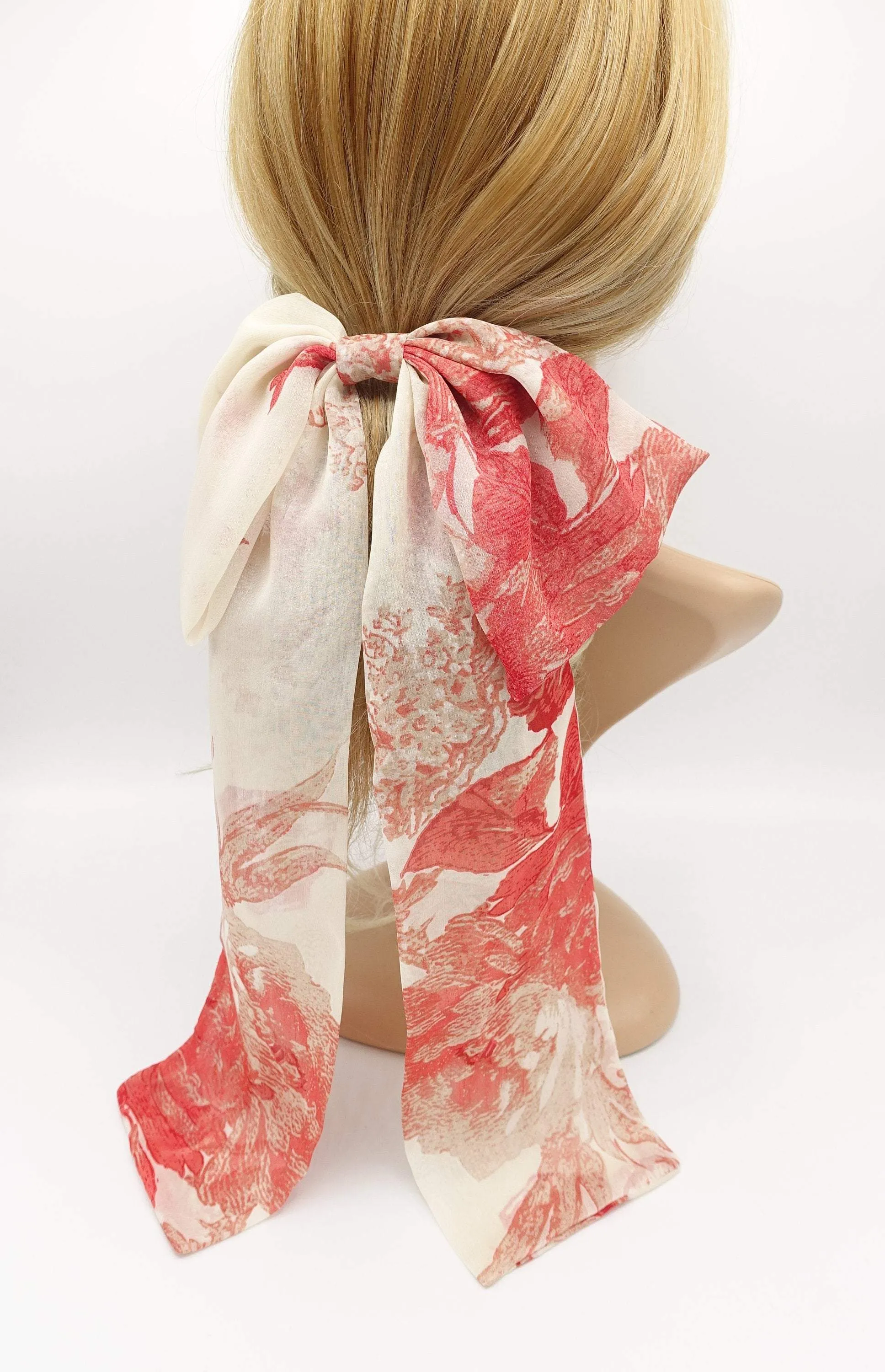 chiffon large hair bow flower leaves print hair accessory for women