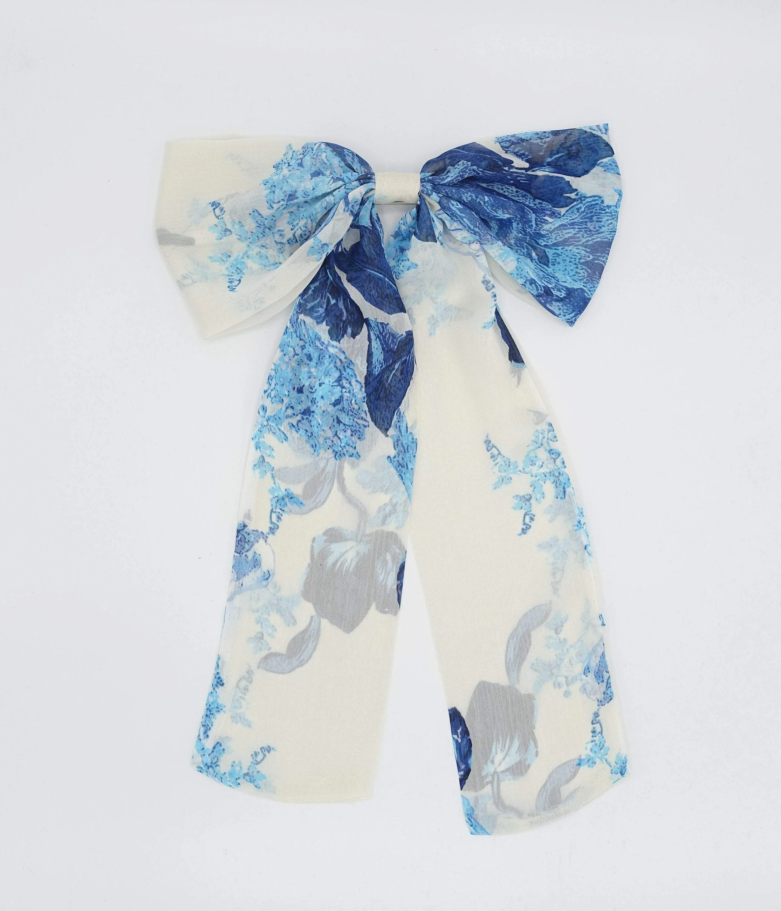 chiffon large hair bow flower leaves print hair accessory for women