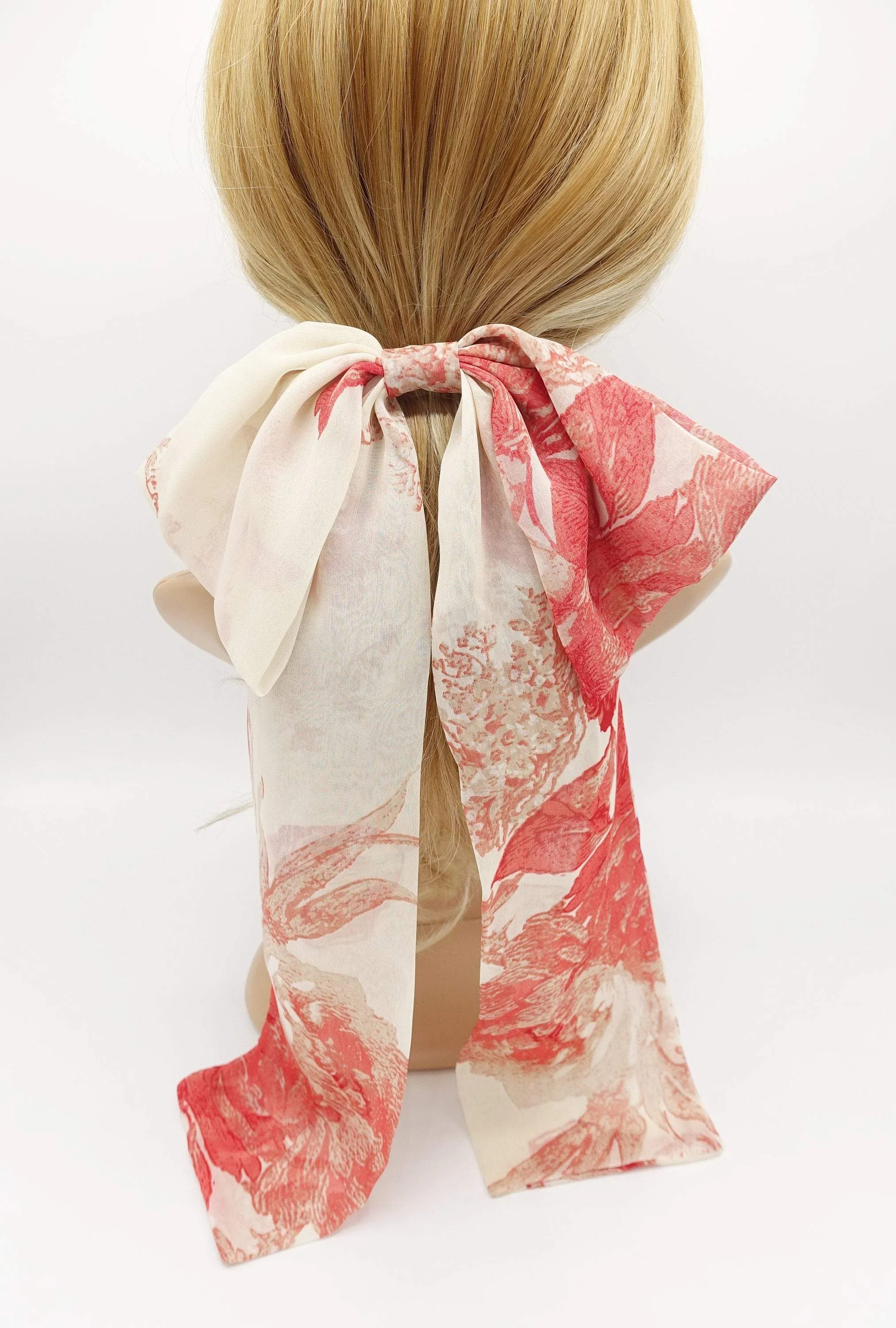 chiffon large hair bow flower leaves print hair accessory for women