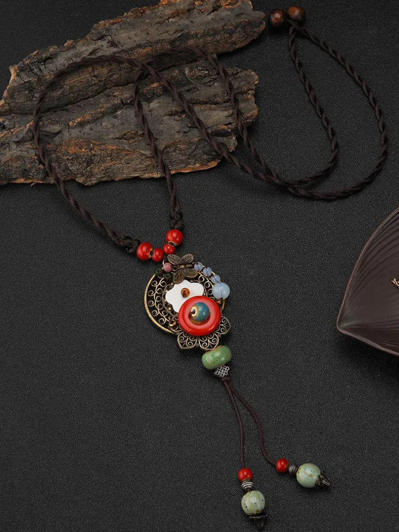 Chinese Aesthetic Ethnic Style Chain Women's Retro Hand-woven Chinese Style Ceramic Necklace Pendant