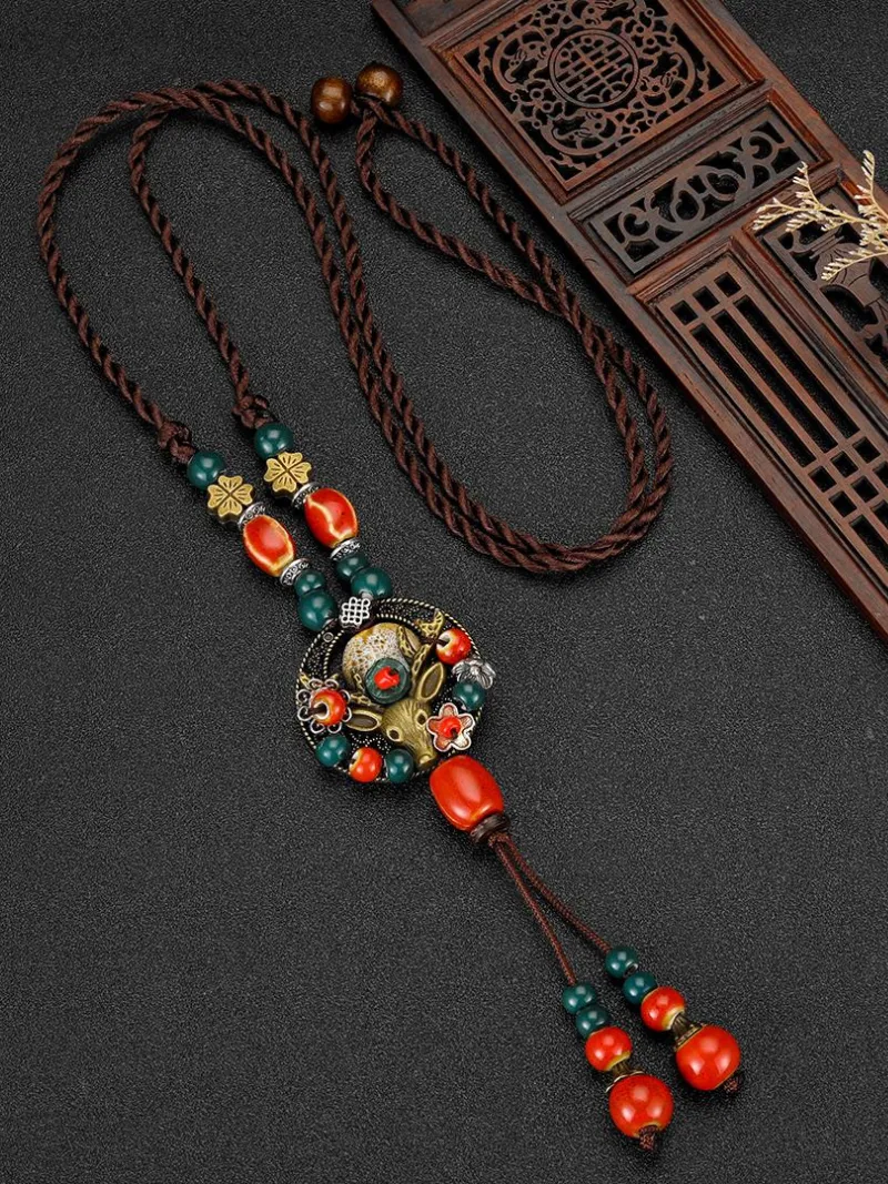 Chinese Aesthetic Ethnic Style Chain Women's Retro Hand-woven Chinese Style Ceramic Necklace Pendant