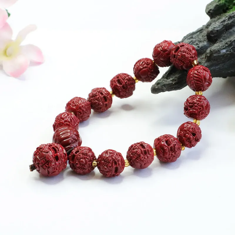 Cinnabar Pixiu Round Bead Sterling Silver Bracelet