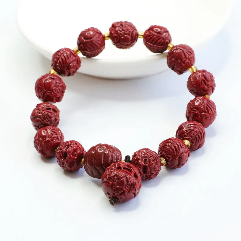 Cinnabar Pixiu Round Bead Sterling Silver Bracelet