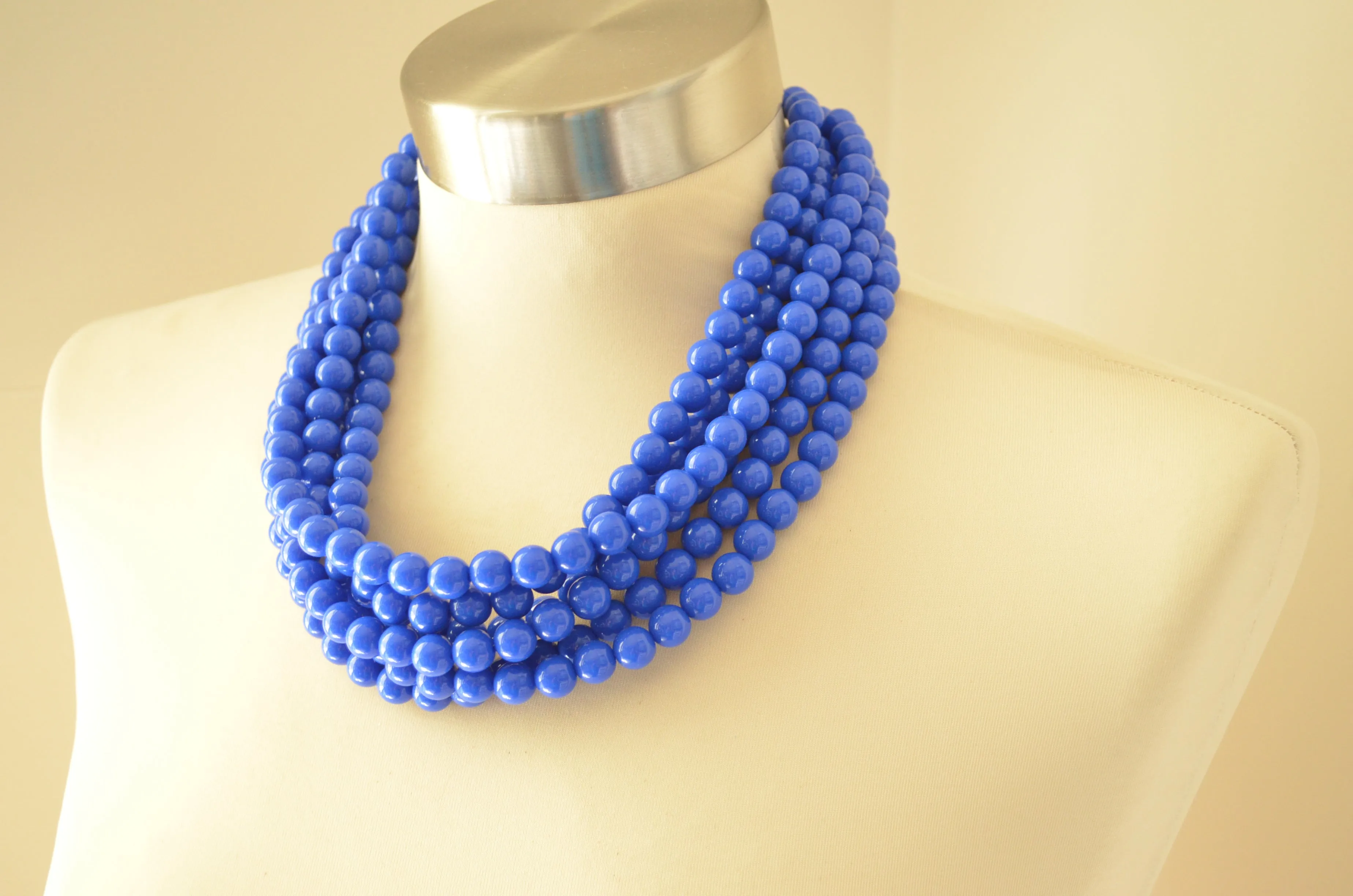 Cobalt Blue Acrylic Lucite Bead Chunky Multi Strand Statement Necklace - Alana