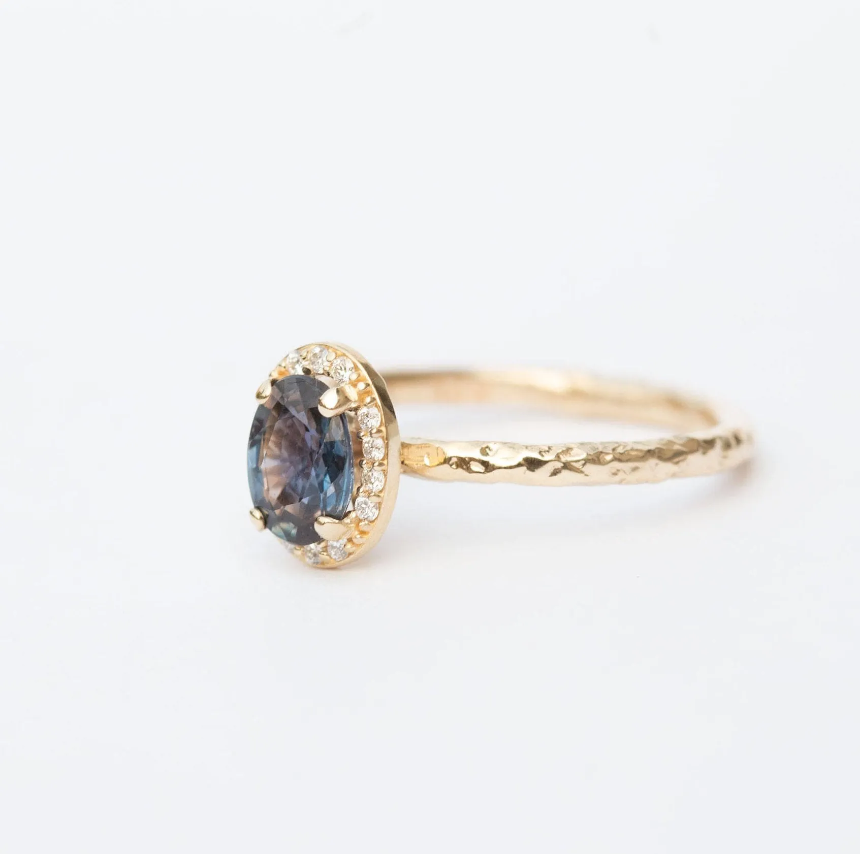 Color Changing Blue Sapphire Engagement Ring in Hand Carved Recycled Yellow Gold Earthy Setting - Sapphire Engagement Ring by Anueva Jewelry