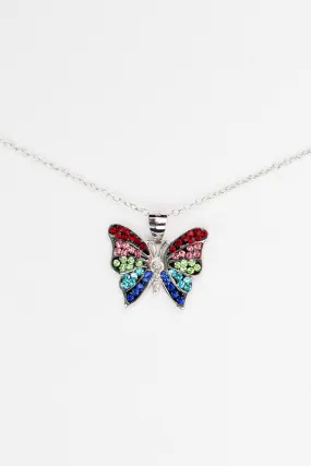 Colorful Crystal Butterfly Silver Pendant Necklace