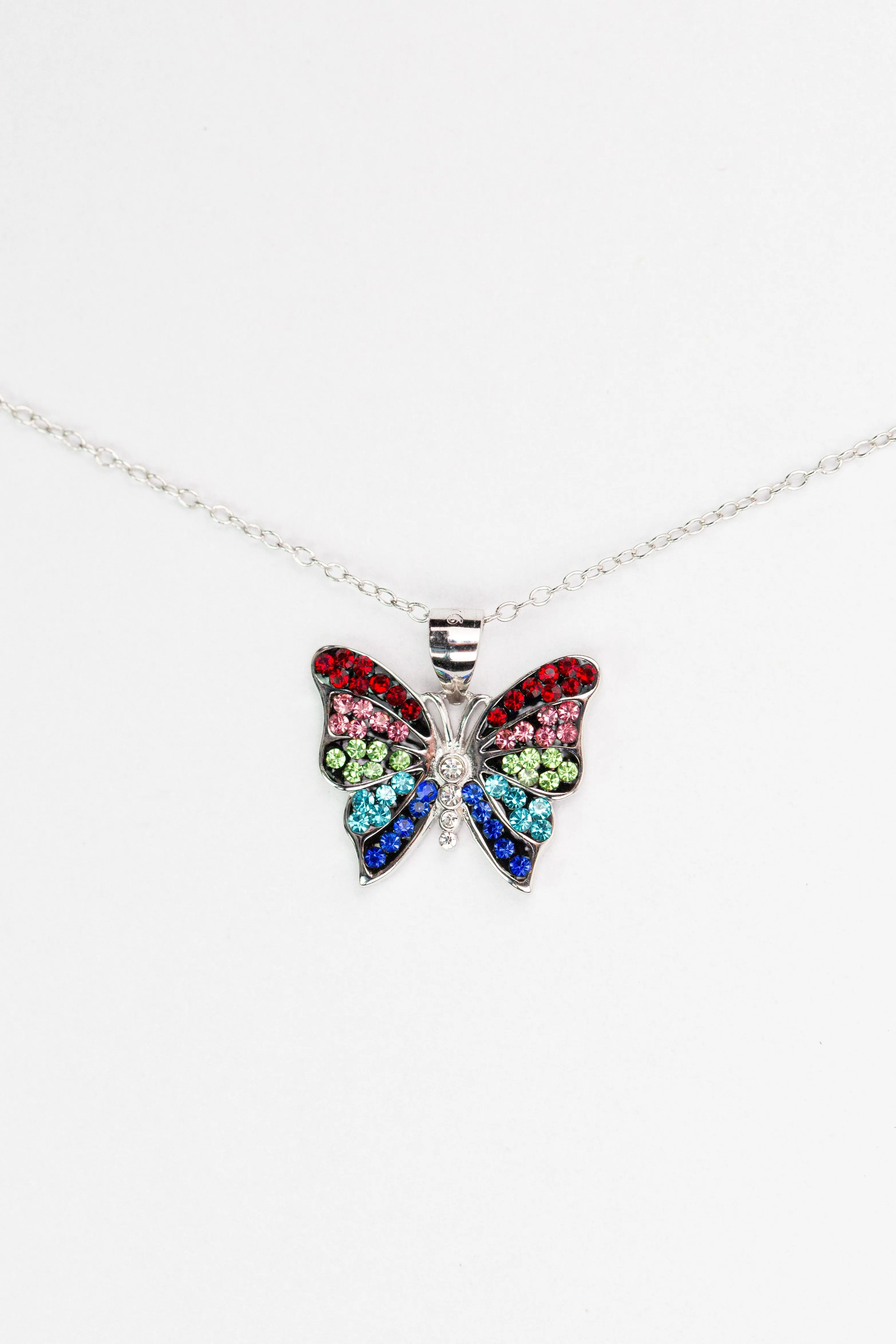 Colorful Crystal Butterfly Silver Pendant Necklace