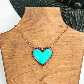 Copper Tone Chain Necklace with Stone Heart Pendant in Turquoise