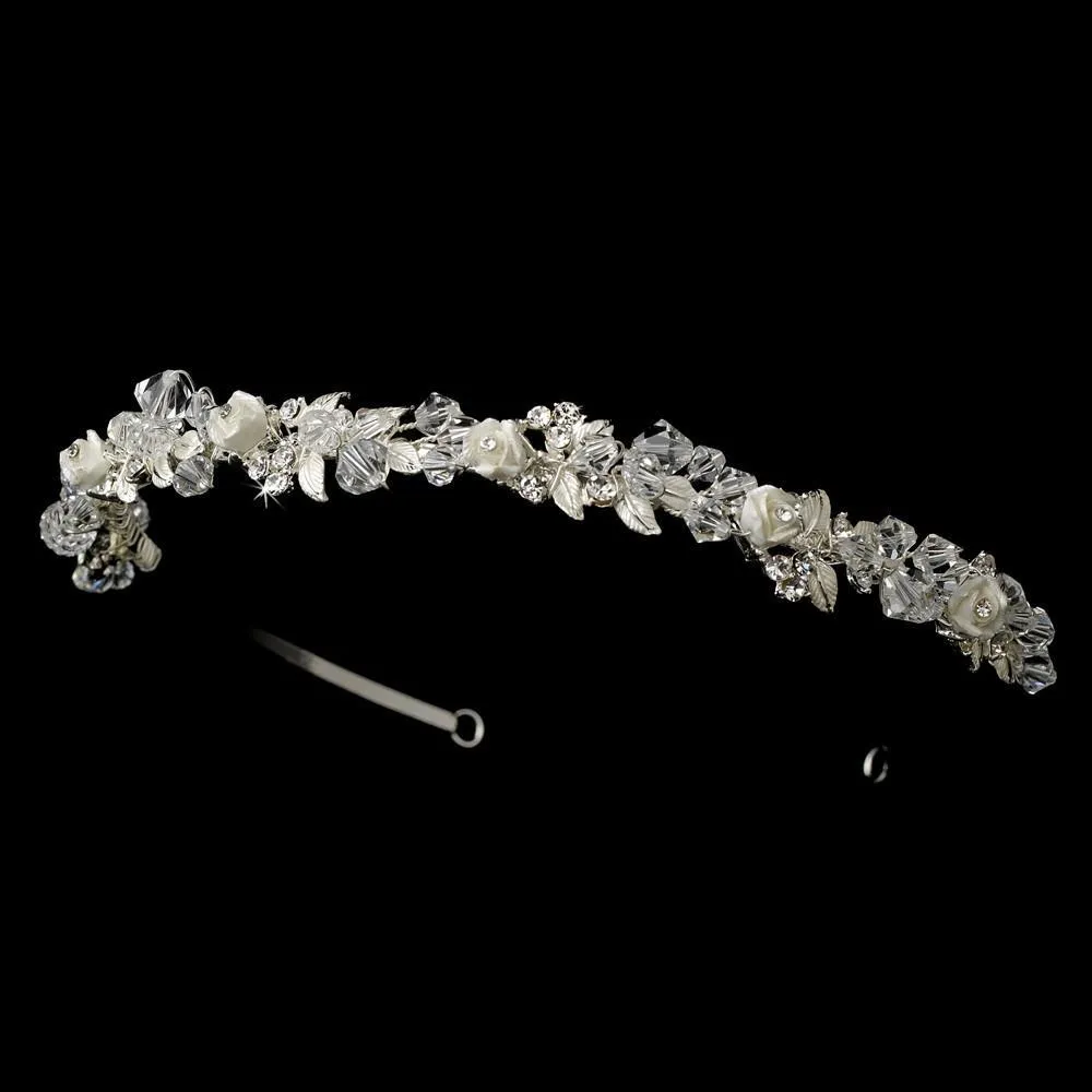 Crystals & Porcelain Flowers Silver Headband