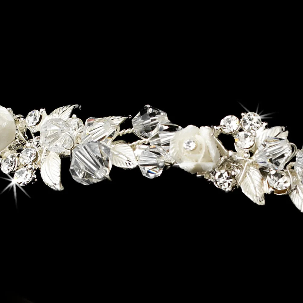 Crystals & Porcelain Flowers Silver Headband