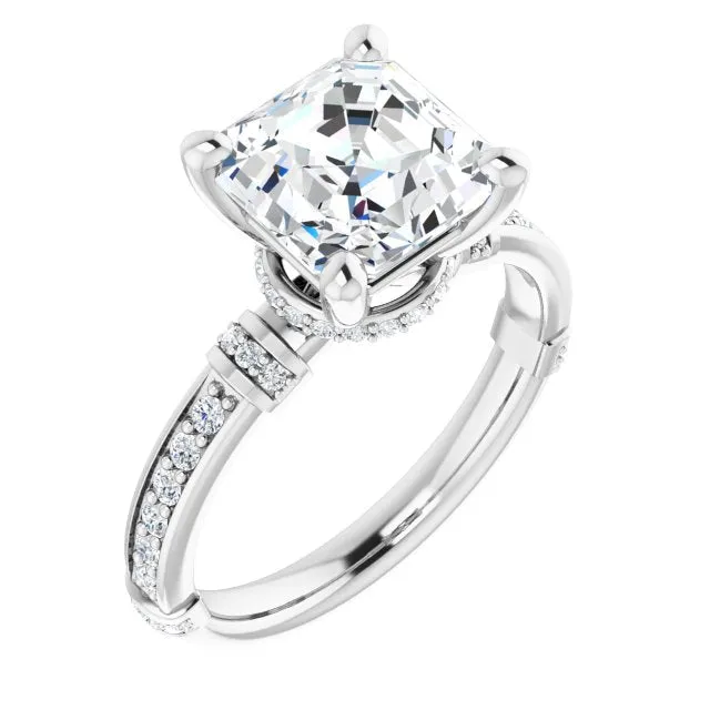 Cubic Zirconia Engagement Ring- The Ambrosia (Customizable Asscher Cut Style featuring Under-Halo, Shared Prong and Quad Horizontal Band Accents)