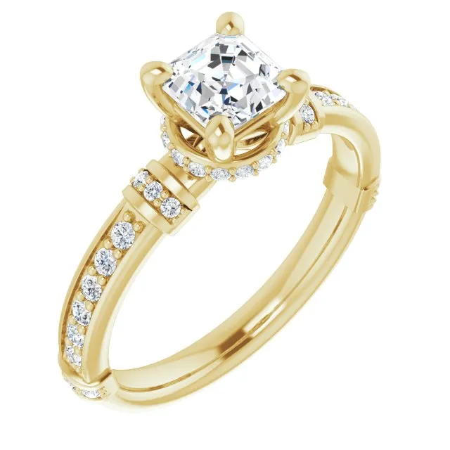 Cubic Zirconia Engagement Ring- The Ambrosia (Customizable Asscher Cut Style featuring Under-Halo, Shared Prong and Quad Horizontal Band Accents)