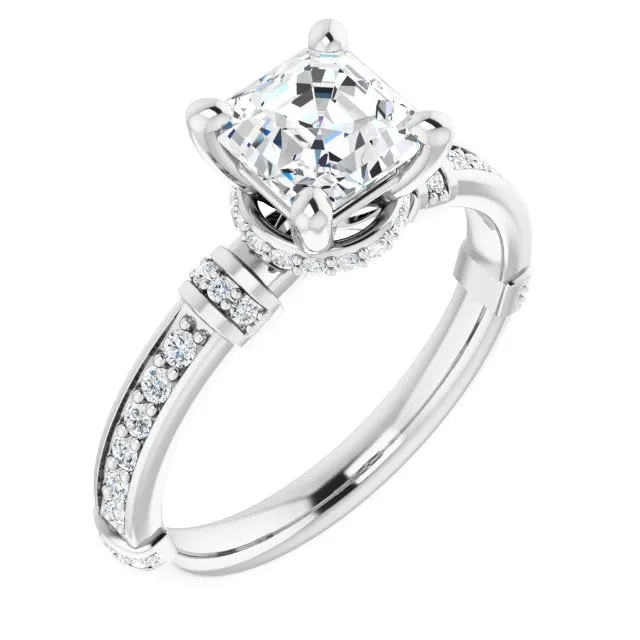 Cubic Zirconia Engagement Ring- The Ambrosia (Customizable Asscher Cut Style featuring Under-Halo, Shared Prong and Quad Horizontal Band Accents)