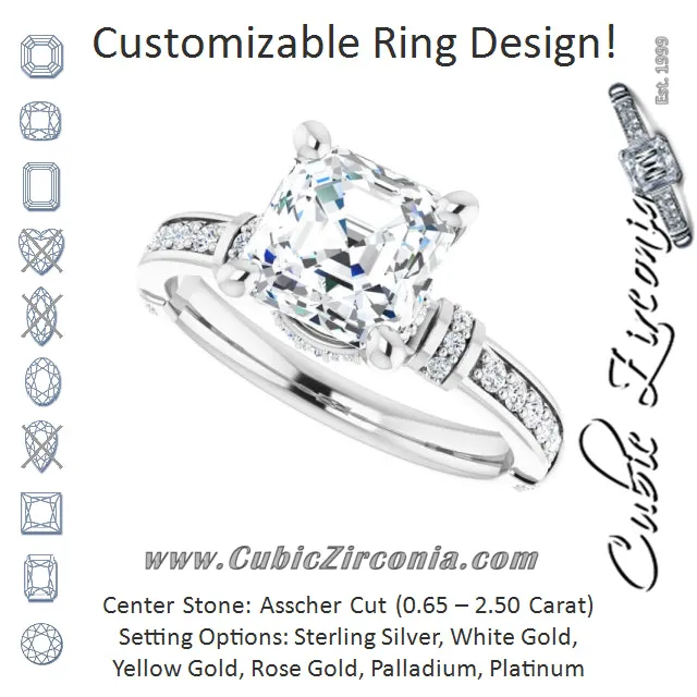 Cubic Zirconia Engagement Ring- The Ambrosia (Customizable Asscher Cut Style featuring Under-Halo, Shared Prong and Quad Horizontal Band Accents)