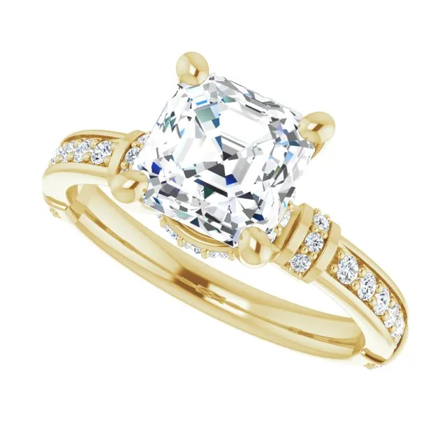 Cubic Zirconia Engagement Ring- The Ambrosia (Customizable Asscher Cut Style featuring Under-Halo, Shared Prong and Quad Horizontal Band Accents)