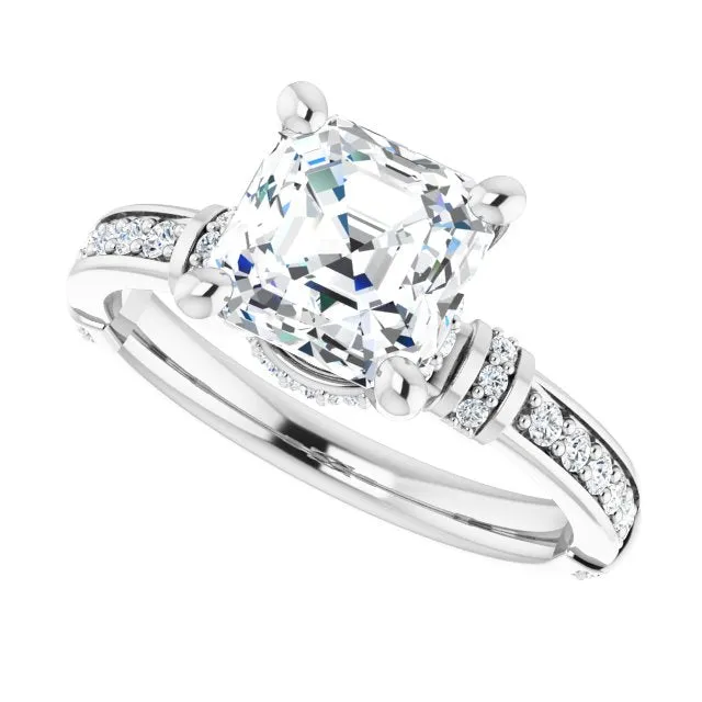 Cubic Zirconia Engagement Ring- The Ambrosia (Customizable Asscher Cut Style featuring Under-Halo, Shared Prong and Quad Horizontal Band Accents)