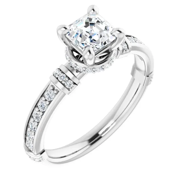 Cubic Zirconia Engagement Ring- The Ambrosia (Customizable Asscher Cut Style featuring Under-Halo, Shared Prong and Quad Horizontal Band Accents)