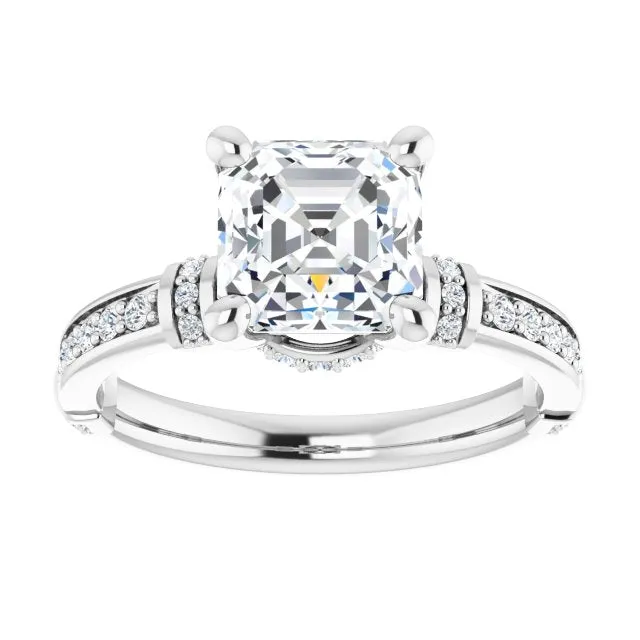 Cubic Zirconia Engagement Ring- The Ambrosia (Customizable Asscher Cut Style featuring Under-Halo, Shared Prong and Quad Horizontal Band Accents)