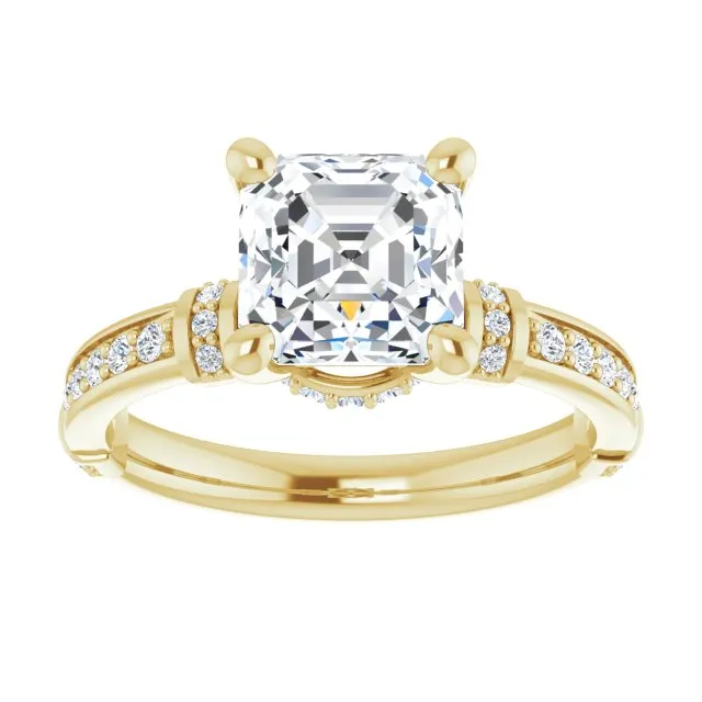 Cubic Zirconia Engagement Ring- The Ambrosia (Customizable Asscher Cut Style featuring Under-Halo, Shared Prong and Quad Horizontal Band Accents)