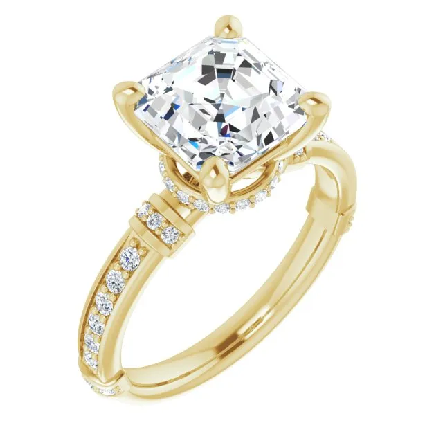 Cubic Zirconia Engagement Ring- The Ambrosia (Customizable Asscher Cut Style featuring Under-Halo, Shared Prong and Quad Horizontal Band Accents)