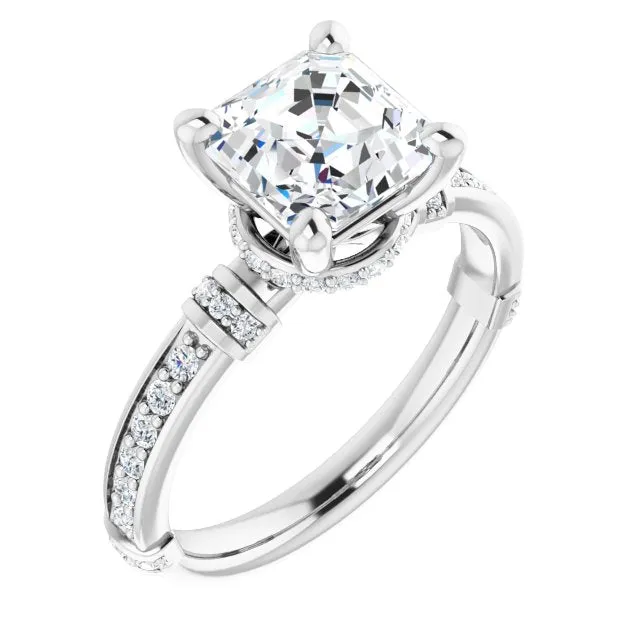 Cubic Zirconia Engagement Ring- The Ambrosia (Customizable Asscher Cut Style featuring Under-Halo, Shared Prong and Quad Horizontal Band Accents)