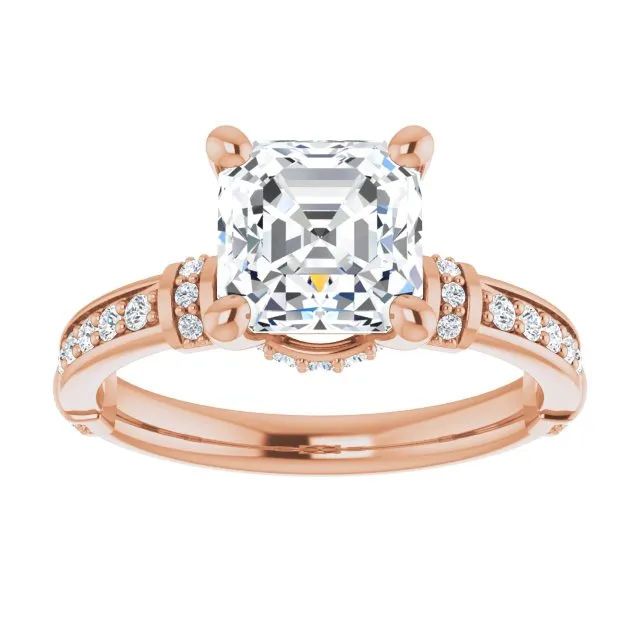 Cubic Zirconia Engagement Ring- The Ambrosia (Customizable Asscher Cut Style featuring Under-Halo, Shared Prong and Quad Horizontal Band Accents)