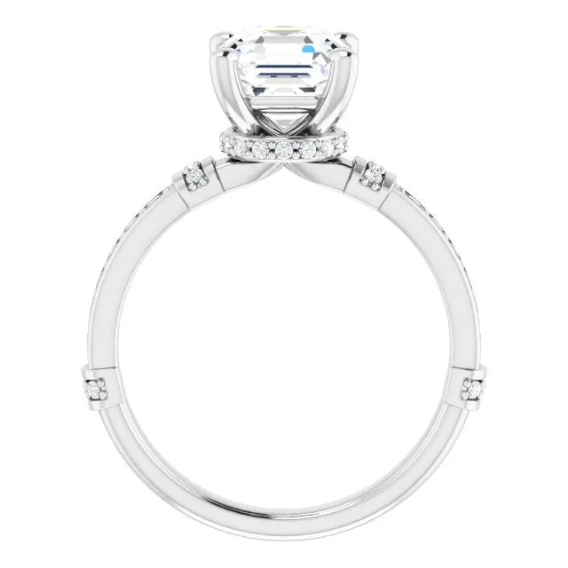 Cubic Zirconia Engagement Ring- The Ambrosia (Customizable Asscher Cut Style featuring Under-Halo, Shared Prong and Quad Horizontal Band Accents)