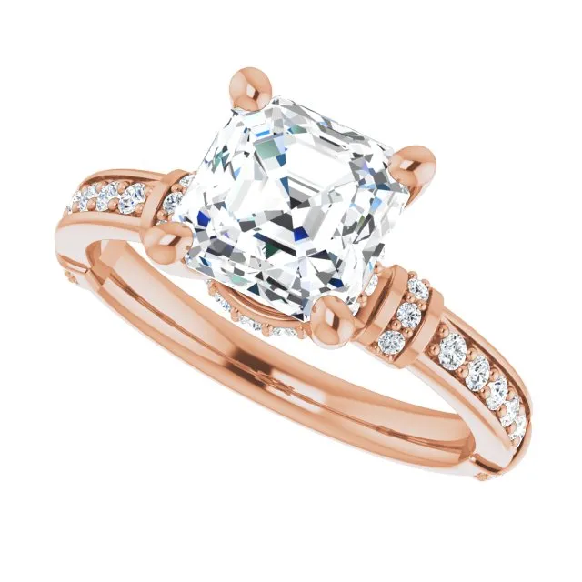 Cubic Zirconia Engagement Ring- The Ambrosia (Customizable Asscher Cut Style featuring Under-Halo, Shared Prong and Quad Horizontal Band Accents)