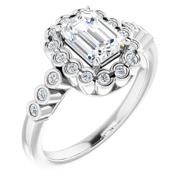 Cubic Zirconia Engagement Ring- The Berkley (Customizable Emerald Cut Design with Round-bezel Halo and Band Accents)