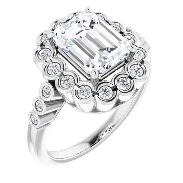 Cubic Zirconia Engagement Ring- The Berkley (Customizable Emerald Cut Design with Round-bezel Halo and Band Accents)