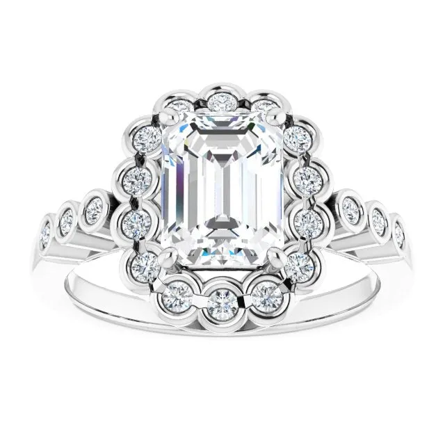 Cubic Zirconia Engagement Ring- The Berkley (Customizable Emerald Cut Design with Round-bezel Halo and Band Accents)