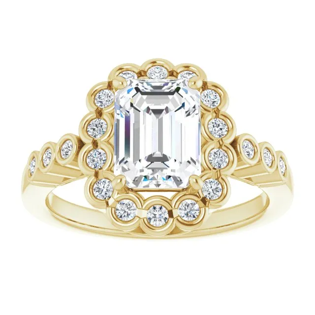 Cubic Zirconia Engagement Ring- The Berkley (Customizable Emerald Cut Design with Round-bezel Halo and Band Accents)