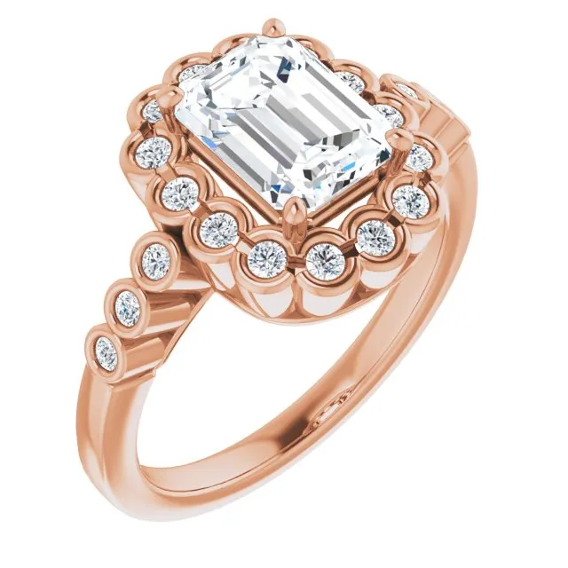 Cubic Zirconia Engagement Ring- The Berkley (Customizable Emerald Cut Design with Round-bezel Halo and Band Accents)