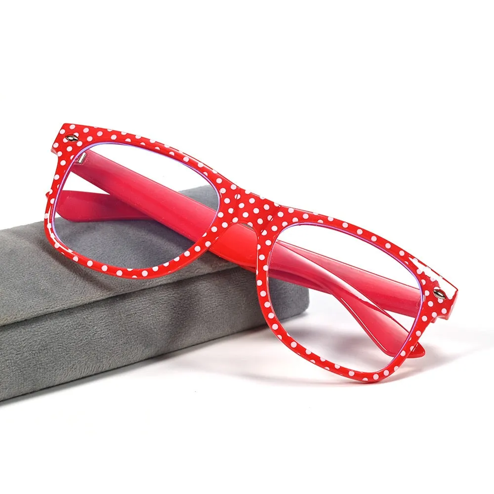 Cubojue Unisex Full Rim Square Red Polka Dot Tr 90 Hyperopic Reading Glasses