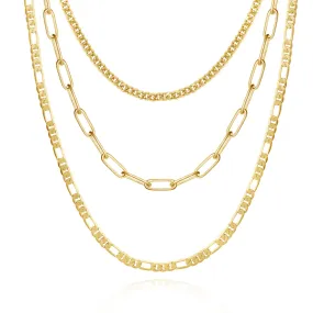 Dainty 14K Gold Layered Necklaces- Cuban 3mm Paperclip Figaro