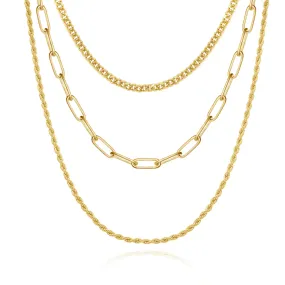 Dainty 14K Gold Layered Necklaces- Cuban Rope Paperclip