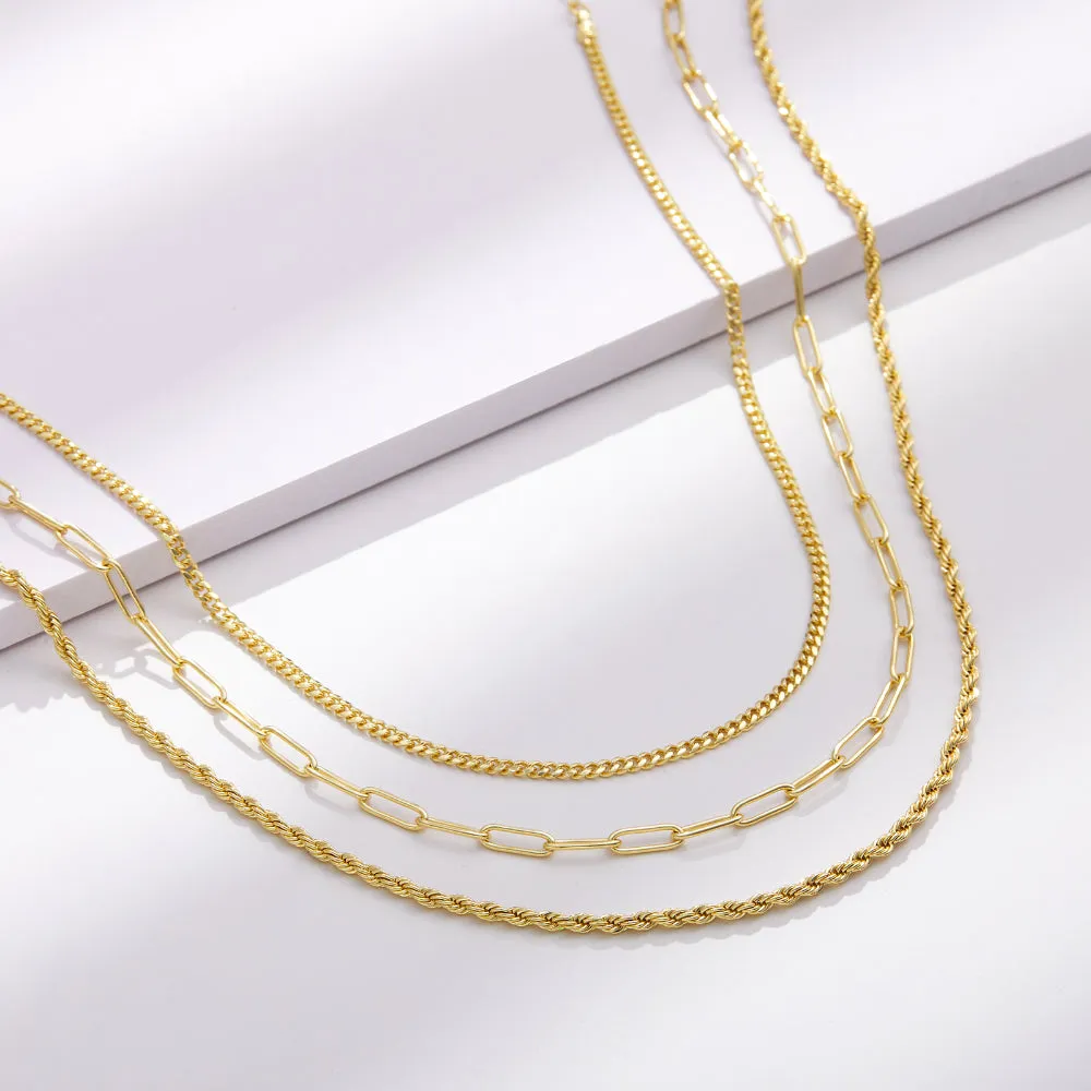 Dainty 14K Gold Layered Necklaces- Cuban Rope Paperclip