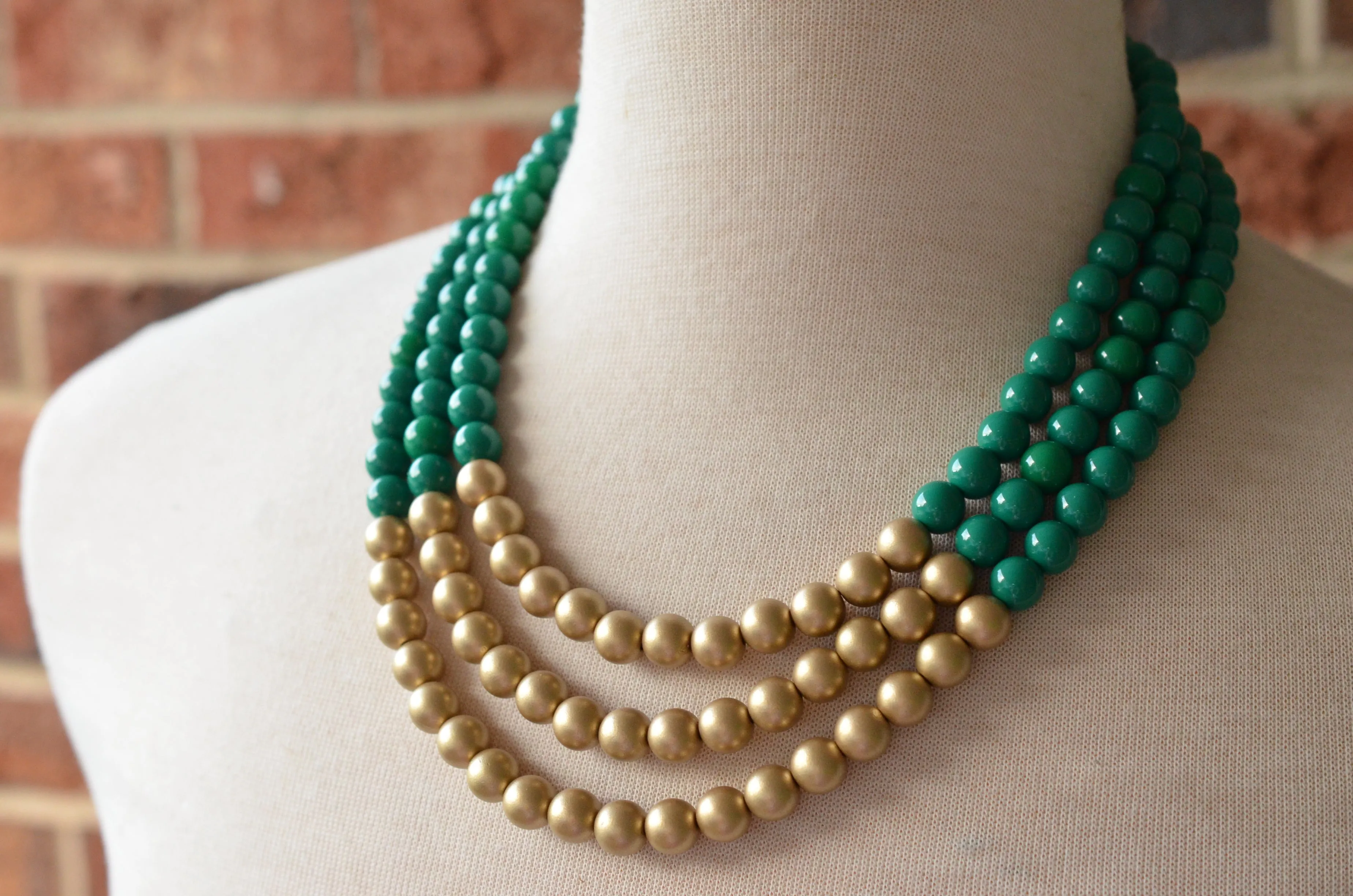 Dark Green Gold Acrylic Bead Multi Strand Color Block Statement Necklace - Renee