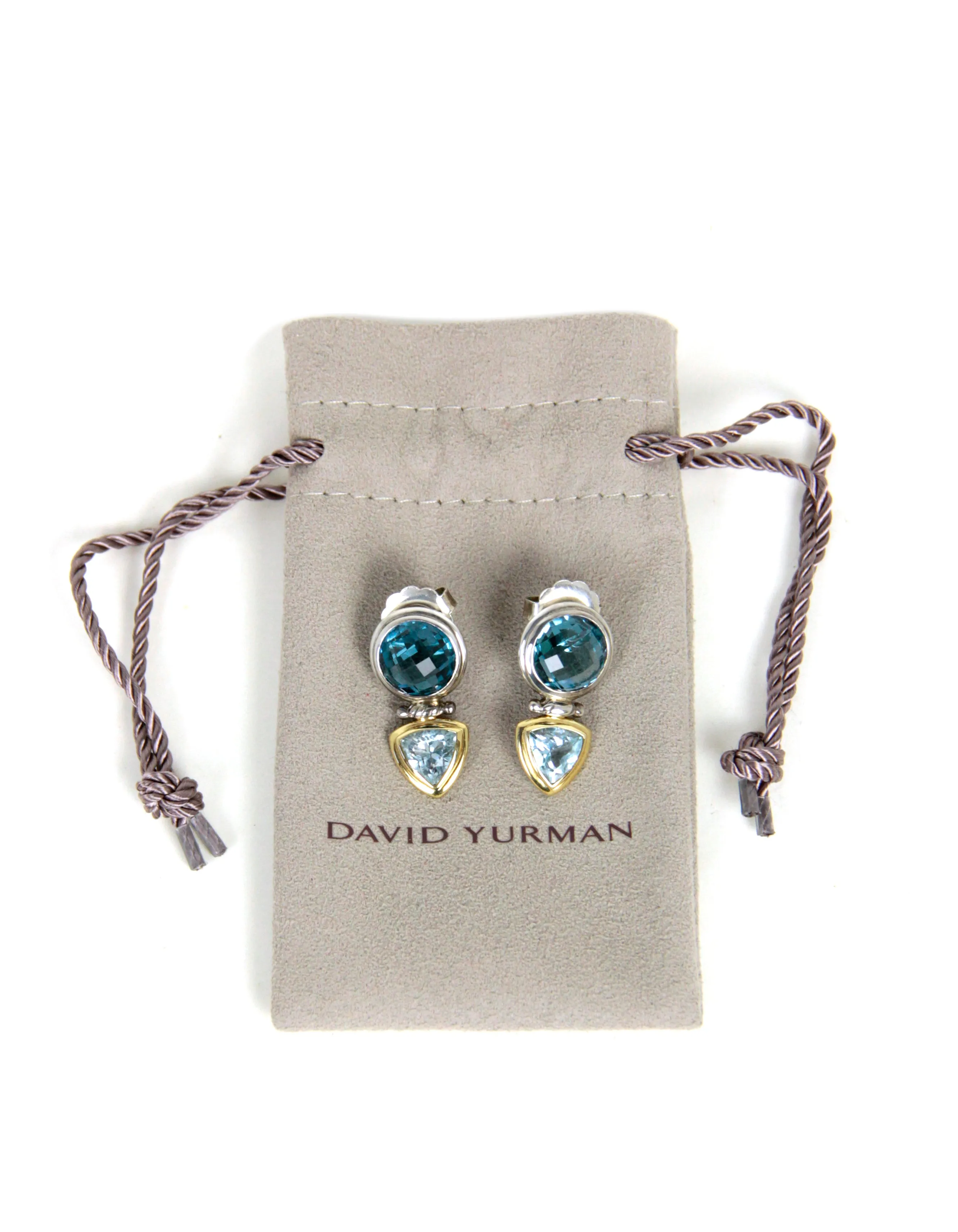 David Yurman Sterling 18K Yellow Gold Blue Topaz Renaissance Drop Earrings