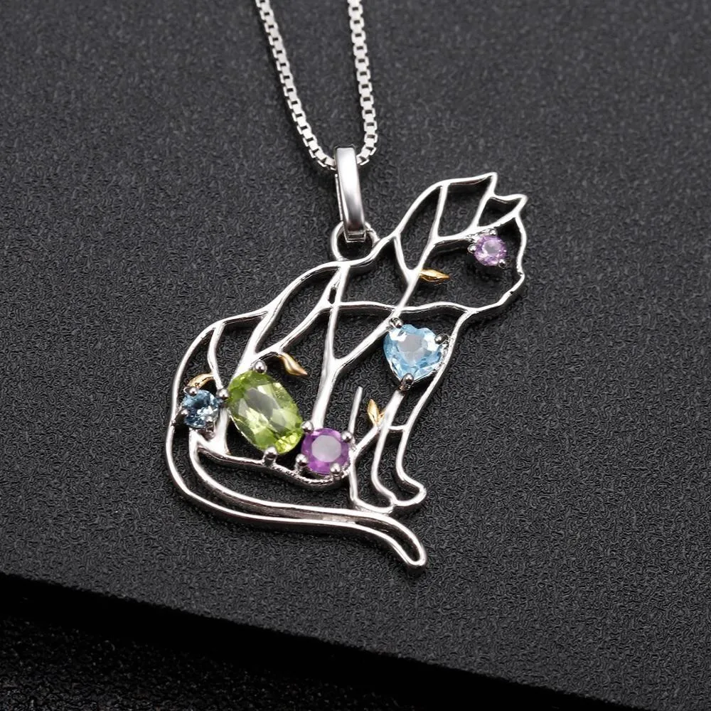 Designer Unique Cat Necklace Sterling Silver & REAL Gemstones!  Garnet, Topaz, Peridot