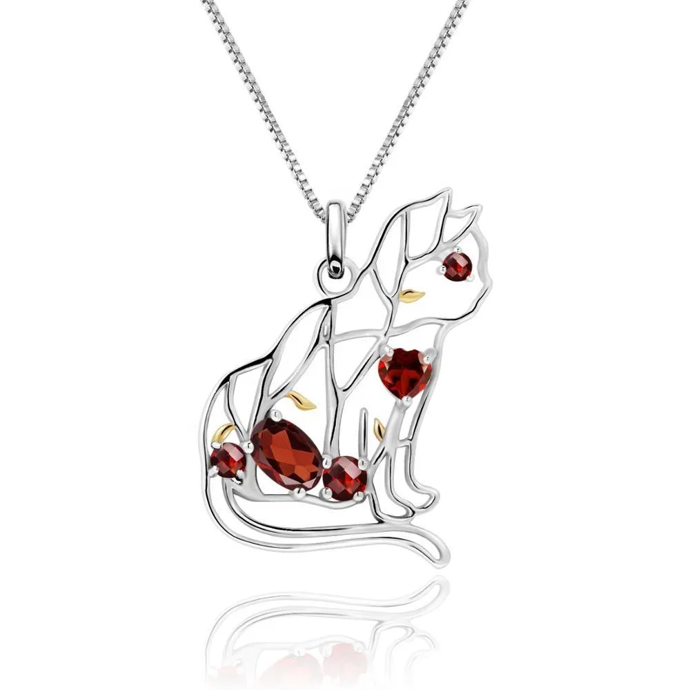 Designer Unique Cat Necklace Sterling Silver & REAL Gemstones!  Garnet, Topaz, Peridot