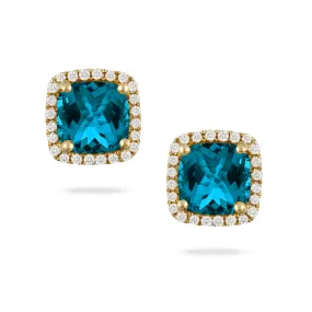 Doves 18K Yellow Gold London Blue Topaz with Diamond Halo Stud Earrings