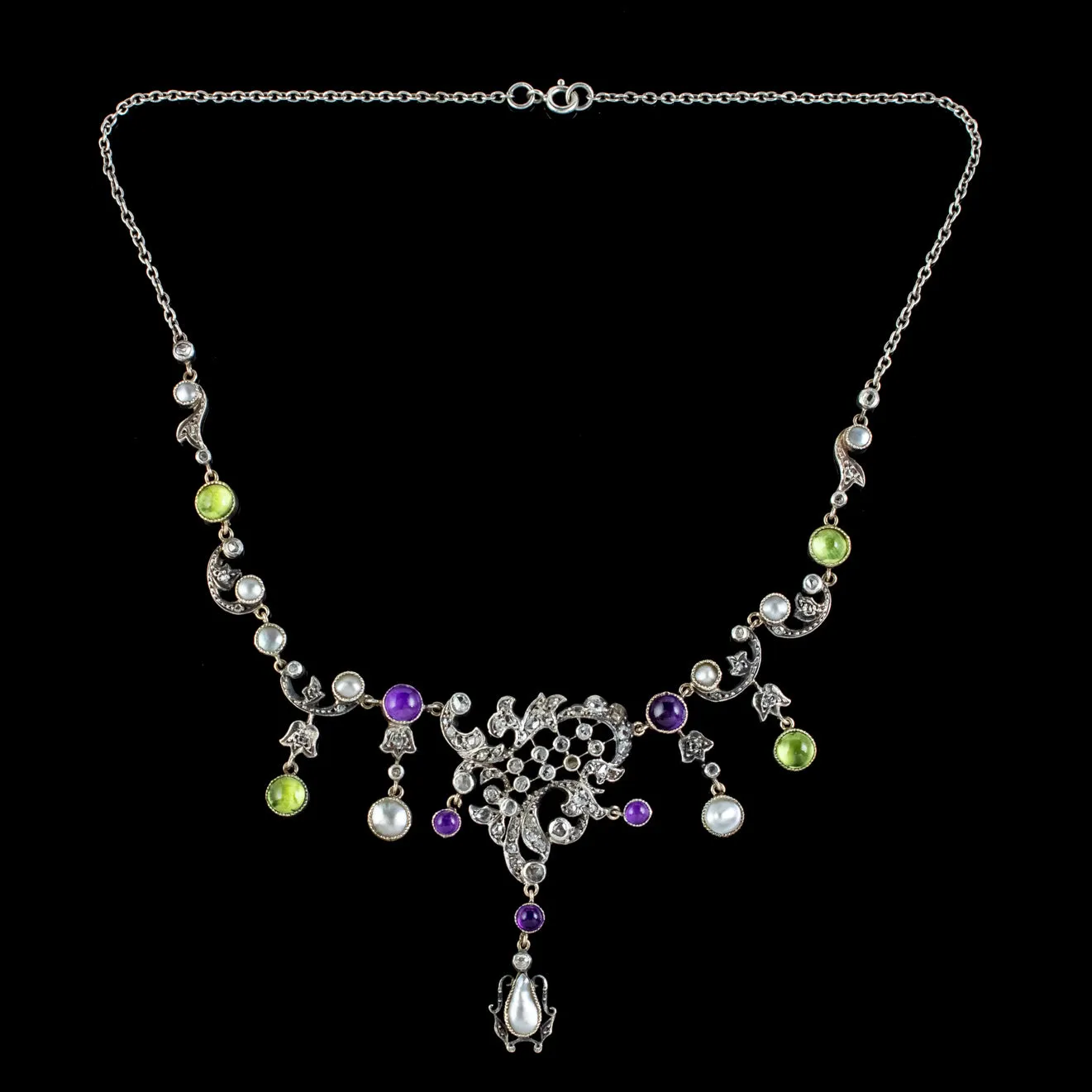 Edwardian Suffragette Garland Necklace Diamond Pearl Amethyst Peridot Silver Circa 1915