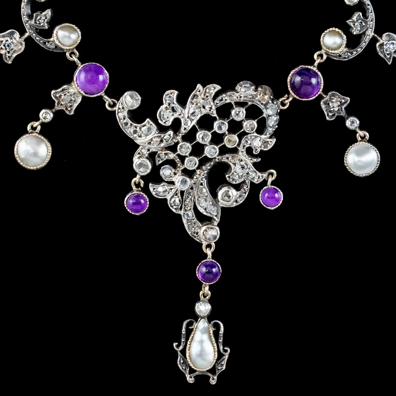 Edwardian Suffragette Garland Necklace Diamond Pearl Amethyst Peridot Silver Circa 1915