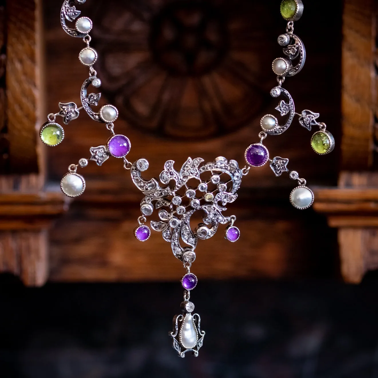 Edwardian Suffragette Garland Necklace Diamond Pearl Amethyst Peridot Silver Circa 1915