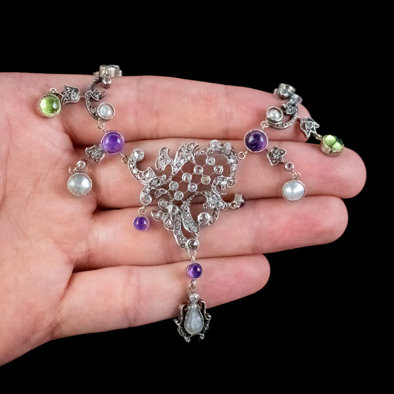 Edwardian Suffragette Garland Necklace Diamond Pearl Amethyst Peridot Silver Circa 1915