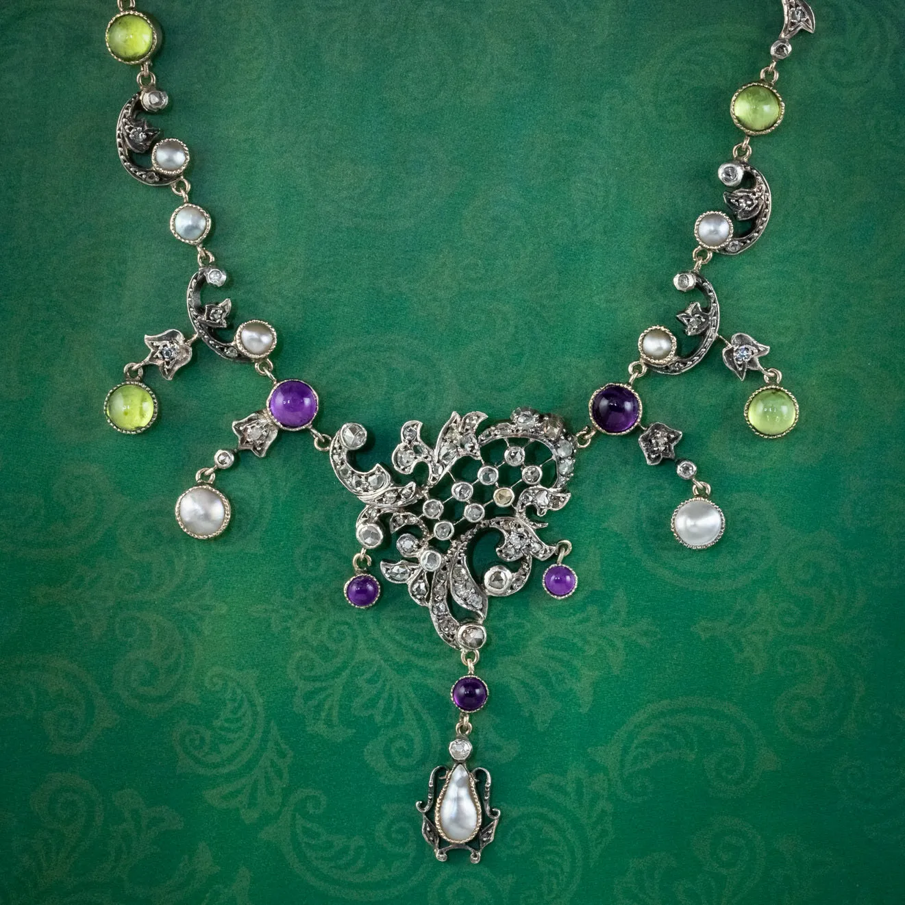 Edwardian Suffragette Garland Necklace Diamond Pearl Amethyst Peridot Silver Circa 1915