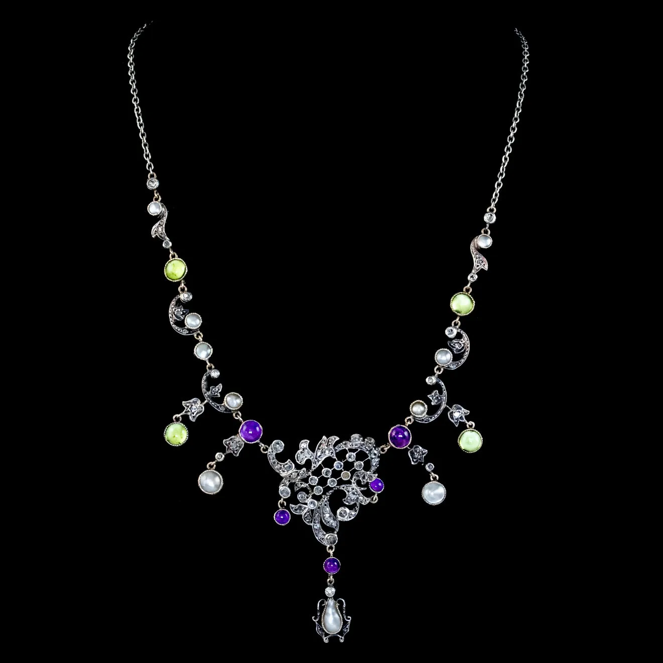 Edwardian Suffragette Garland Necklace Diamond Pearl Amethyst Peridot Silver Circa 1915