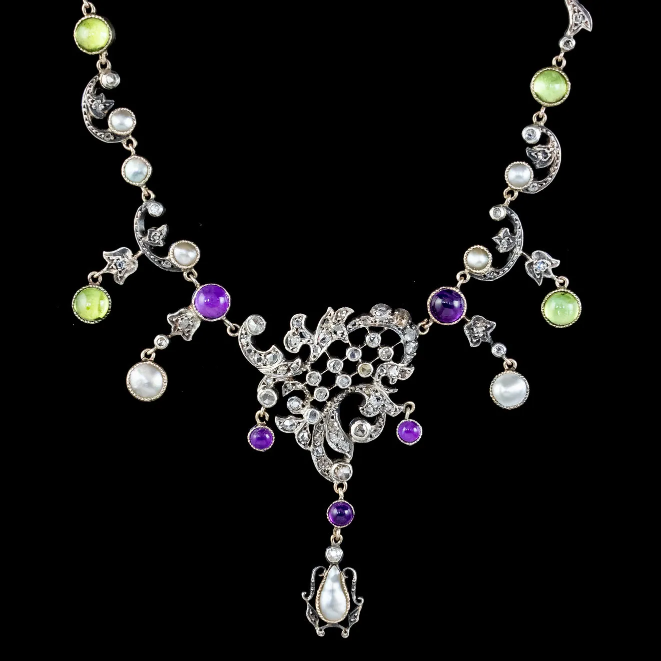 Edwardian Suffragette Garland Necklace Diamond Pearl Amethyst Peridot Silver Circa 1915